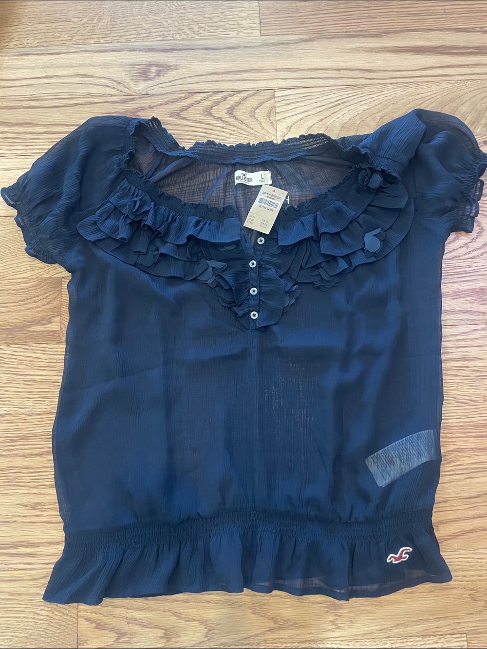 Hollister Navy Ruffle Short Sleeve Blouse